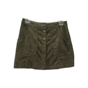 B. Original Mini Skirt Sz Medium Green Suede Brass Brads Accents Boho Pockets